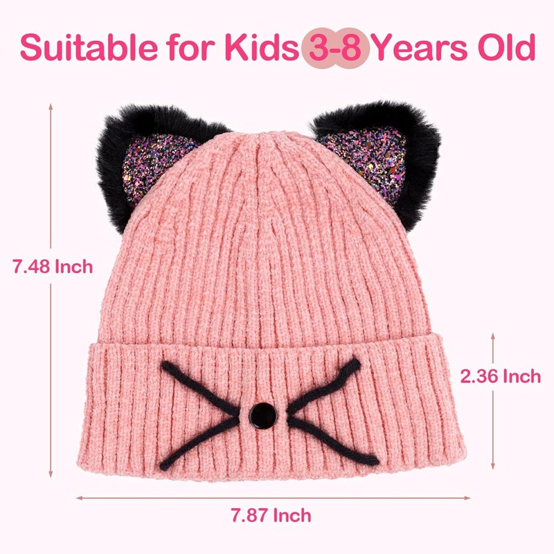 ACTLATI Little Girls Sequin Cat Ears Hats Cute Warm Knit Beanie Hat for Kids Winter Outdoor Snow Ski Skull Cap 3-8 Years - Image 2